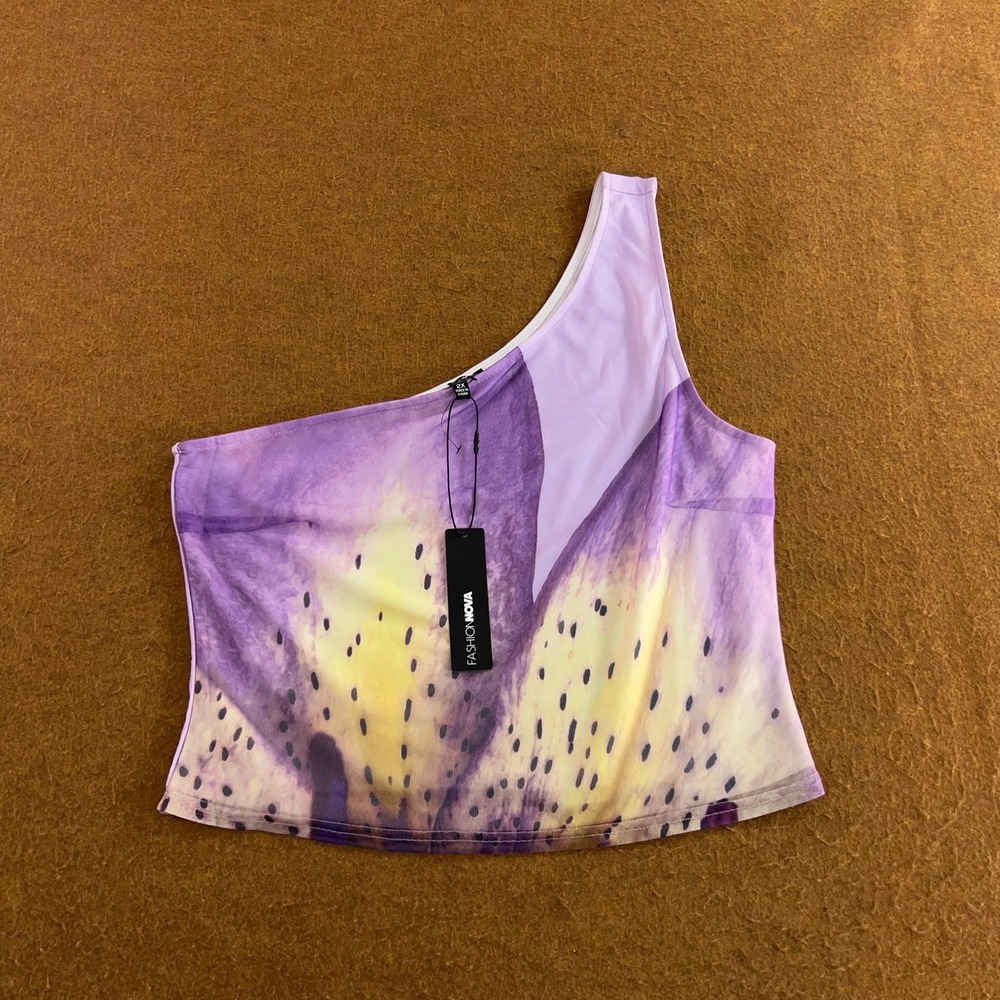 Fashion Nova Womens 2X Purple Floral Mesh One Shoulder Palm Springs Top NWT
